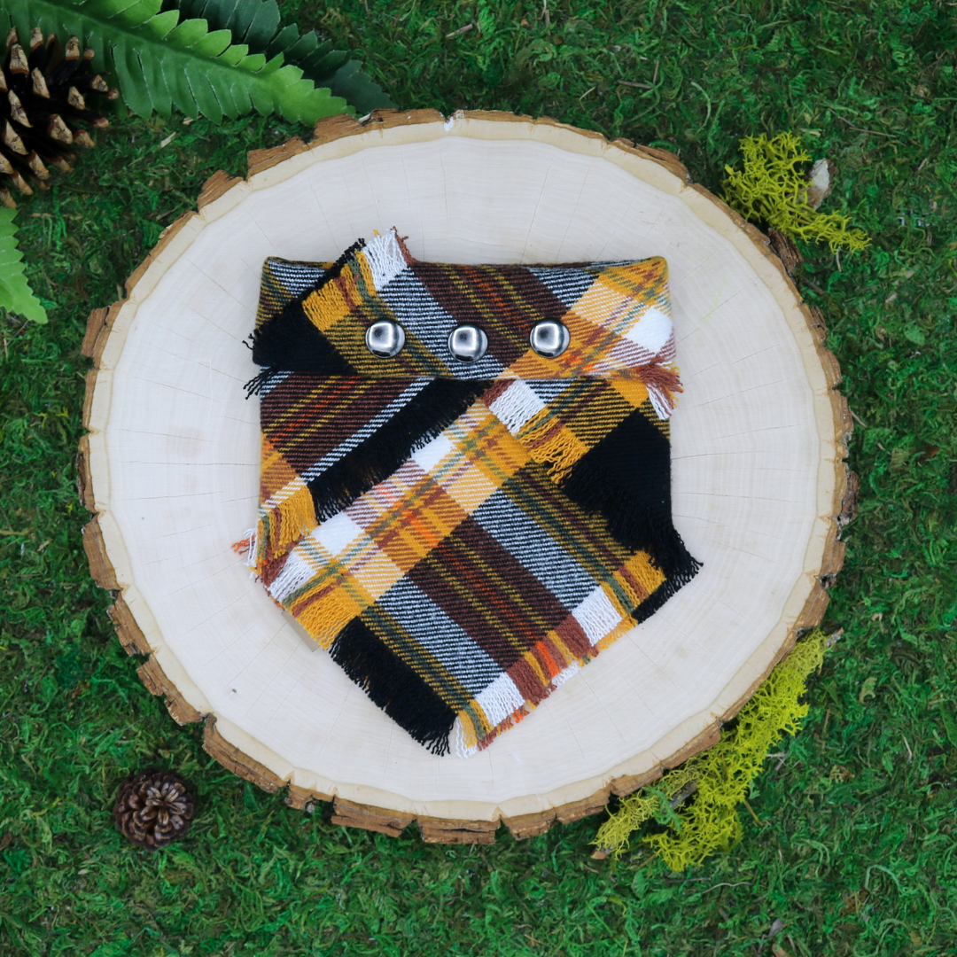 Black and yellow plaid snap on pet bandana by The Luminous Pets