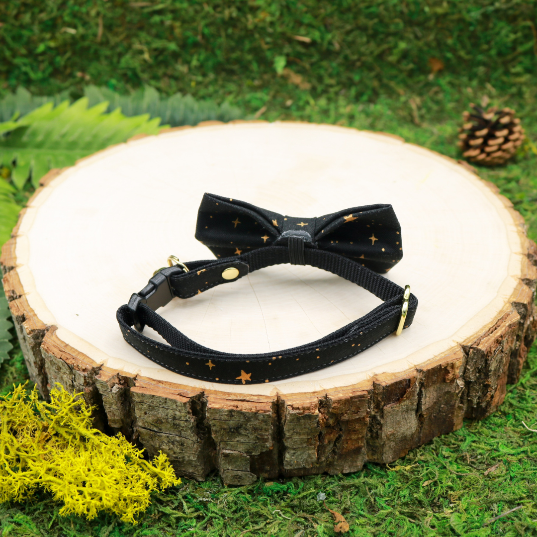 Black with gold stars Cat Bow and Breakaway Cat Collar | Handmade by Made by Cleo, USA