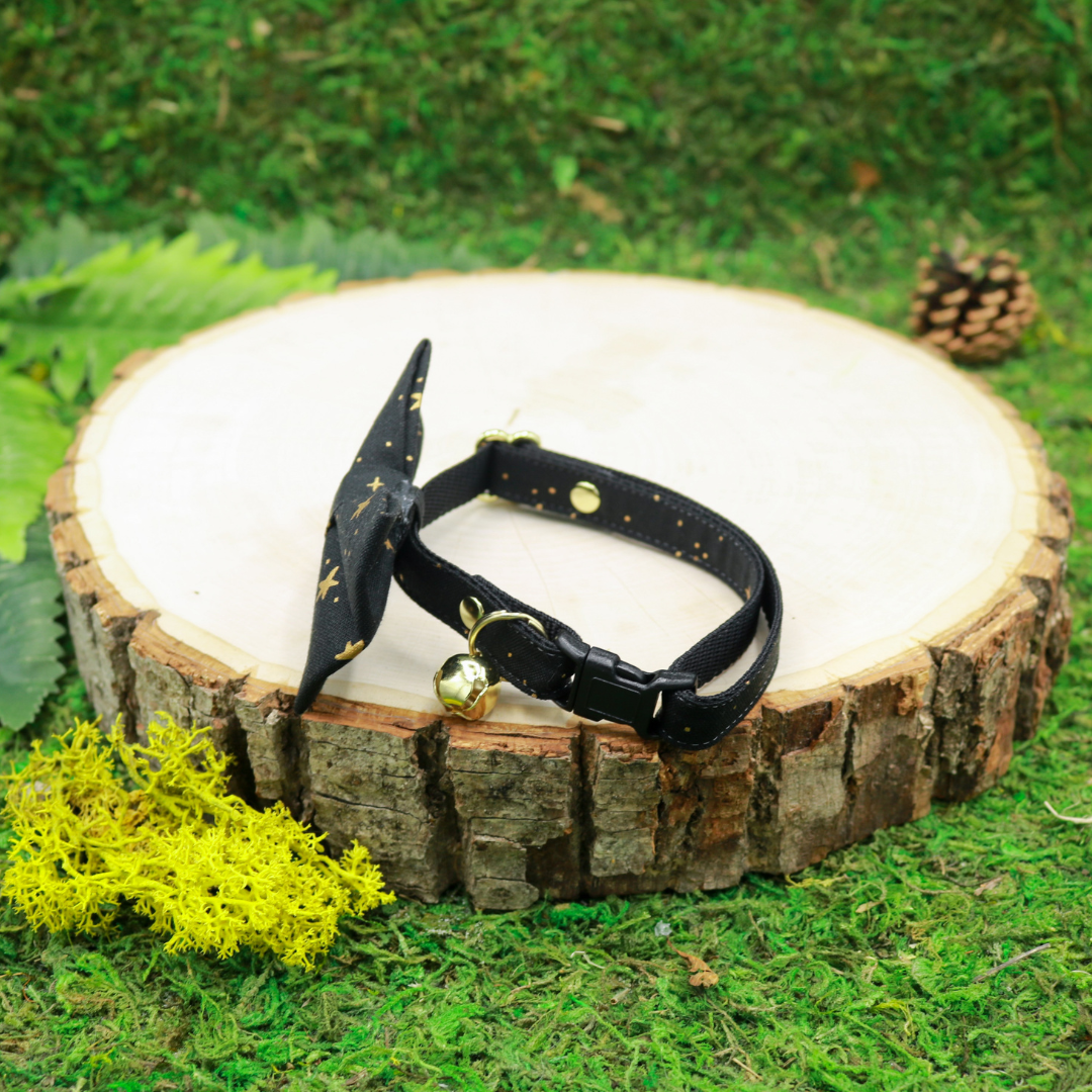 Black with gold stars Cat Bow and Breakaway Cat Collar | Handmade by Made by Cleo, USA