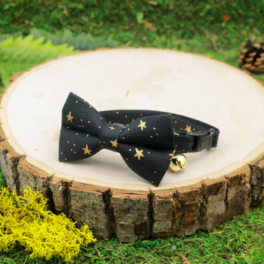 Black with gold stars Cat Bow and Breakaway Cat Collar | Handmade by Made by Cleo, USA