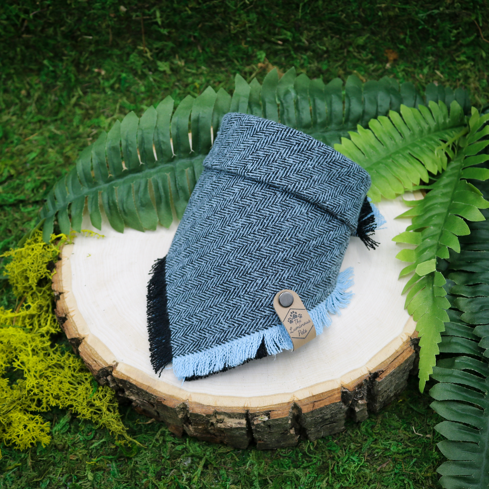 blue and black herringbone pet bandana | Handmade by The Luminous Pets