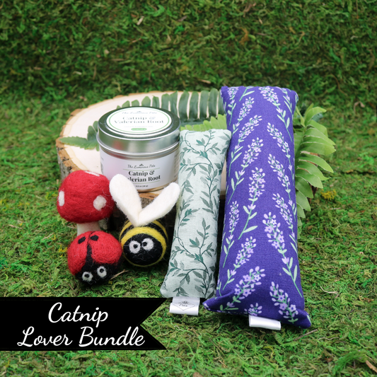 Catnip Lover Bundle by The Luminous Pets Contains: Tin of Catnip with valerian root loose leaf, two kickers and 3 wool toys sprayed with catnip