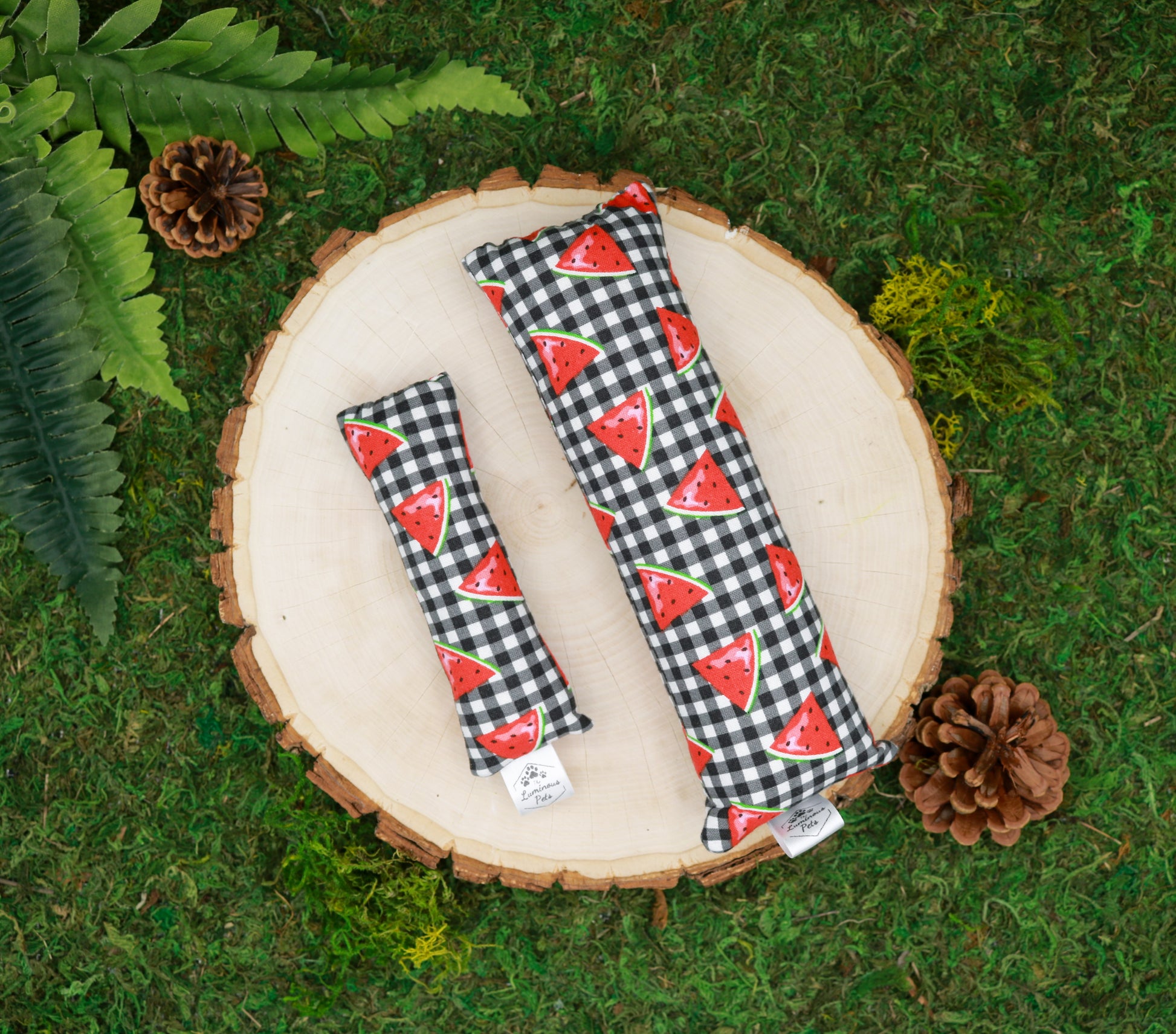 Catnip toy with valerian root toy | watermelon slices on gingham | Handmade cat toys by The Luminous Pets