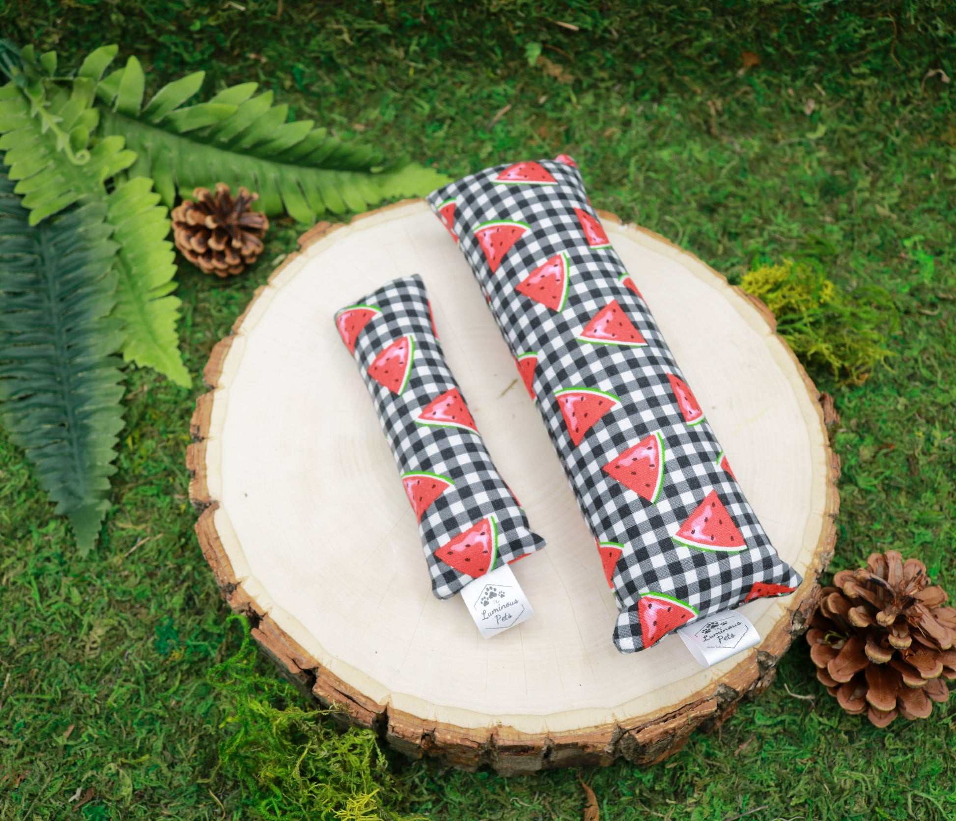 Catnip toy with valerian root toy | watermelon slices on gingham | Handmade cat toys by The Luminous Pets