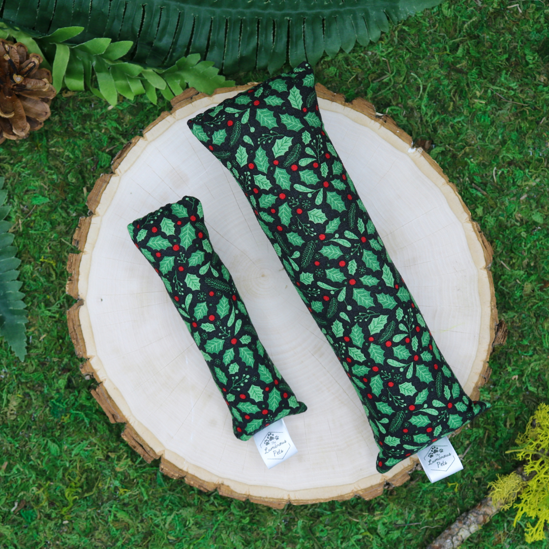 Catnip with valerian root kicker cat toy by The Luminous Pets _ Winter Holly and Holly Leaves