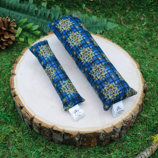 Catnip with valerian root kicker toy by The Luminous Pets _ Blue plaid with golden snowflakes