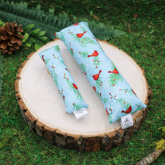 Catnip with valerian root kicker cat toy by The Luminous Pets _ Winter Holly and Red Cardinal Birds