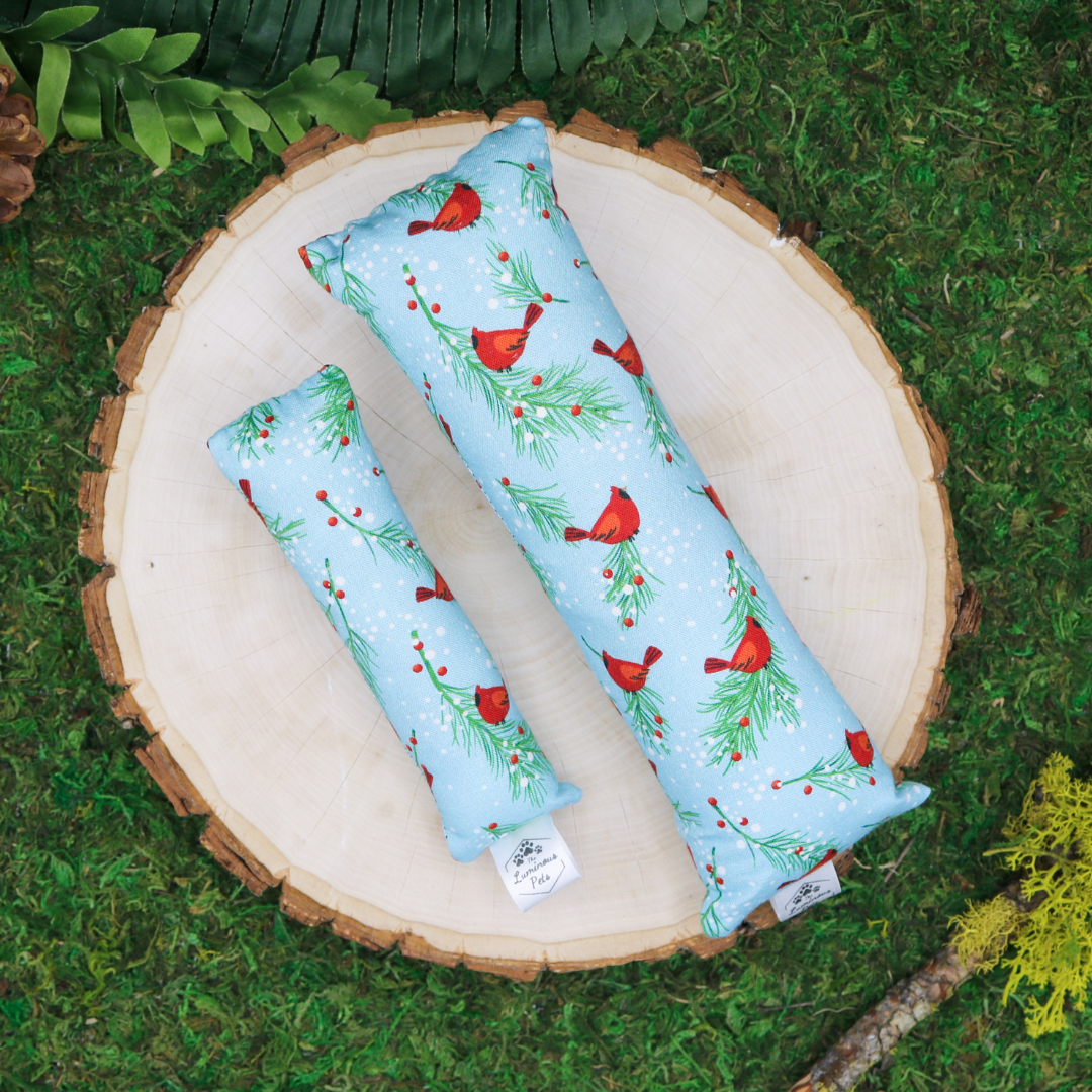 Catnip with valerian root kicker cat toy by The Luminous Pets _ Winter Holly and Red Cardinal Birds