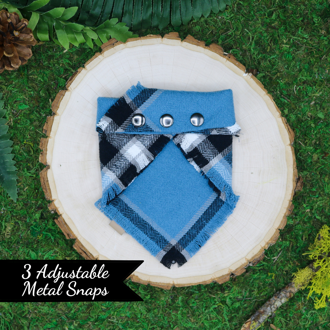 Frayed plaid snap on pet bandana by The Luminous Pets | Blue and black plaid