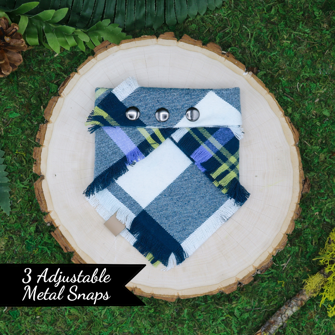Frayed plaid snap on pet bandana by The Luminous Pets | Blue and white plaid