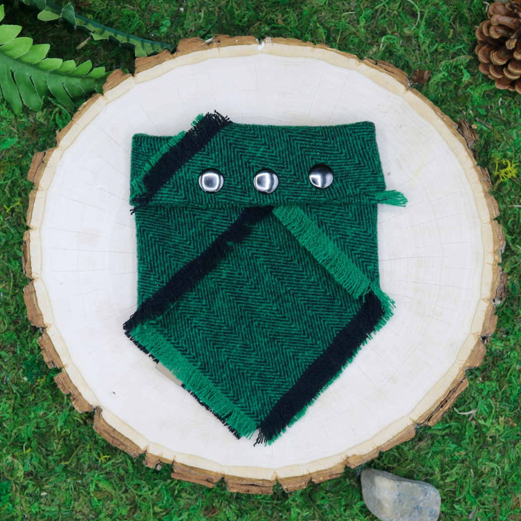 Frayed Snap on bandana by The Luminous Pets | Green and black herringbone