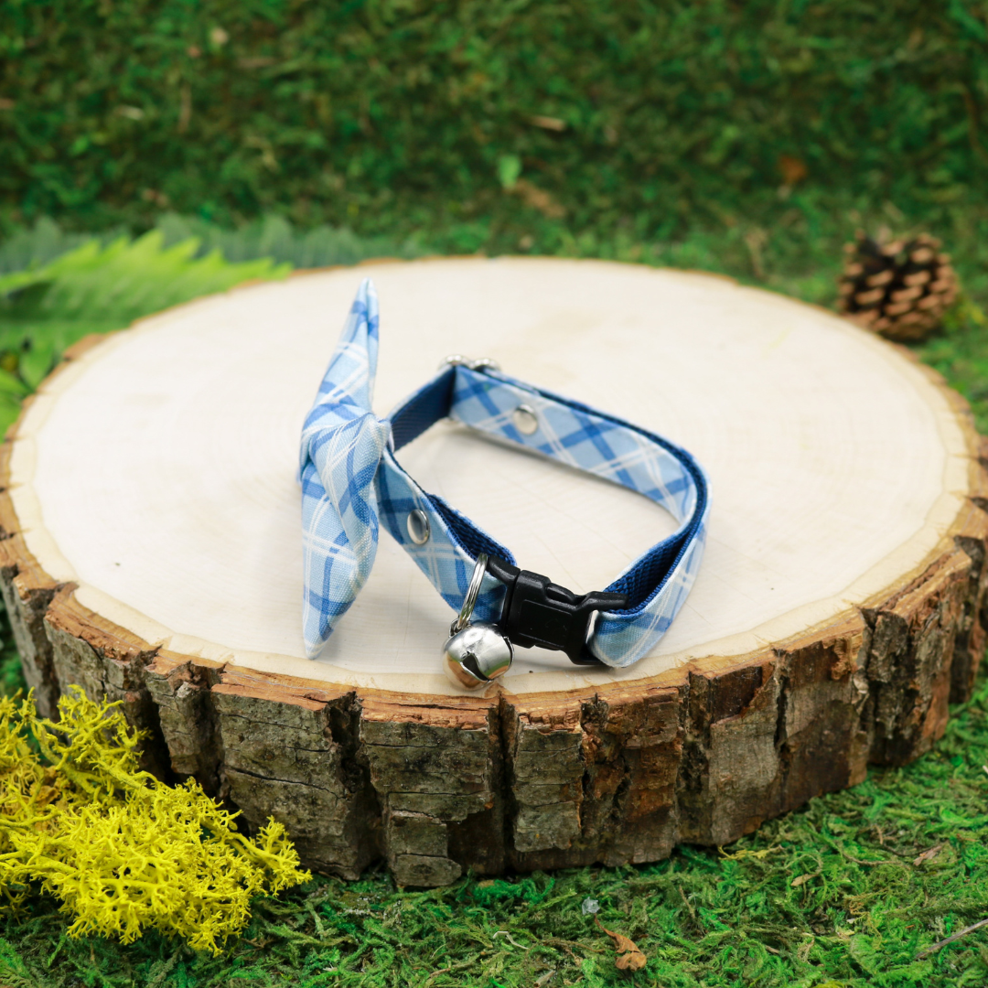 Light blue plaid cat bow and breakaway cat collar Handmade by Made by Cleo, USA