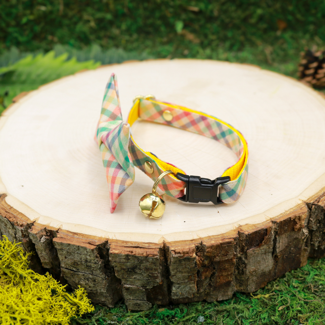 Light rainbow plaid cat bow and breakaway cat collar by Made by Cleo, USA