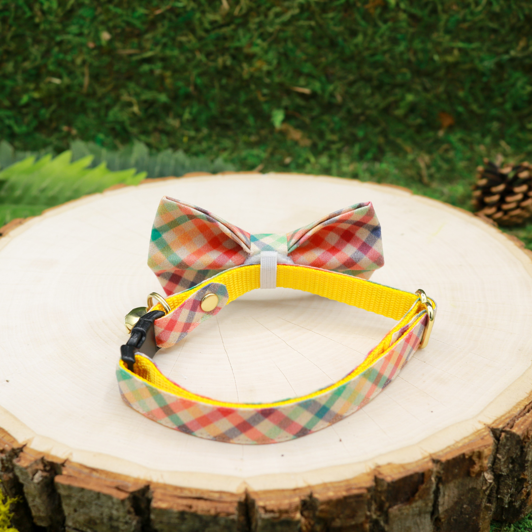 Light rainbow plaid cat bow and breakaway cat collar by Made by Cleo, USA