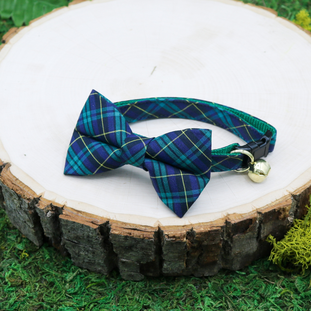 Made by Cleo cat bow tie and breakaway collar - Hunter Green and blue plaid