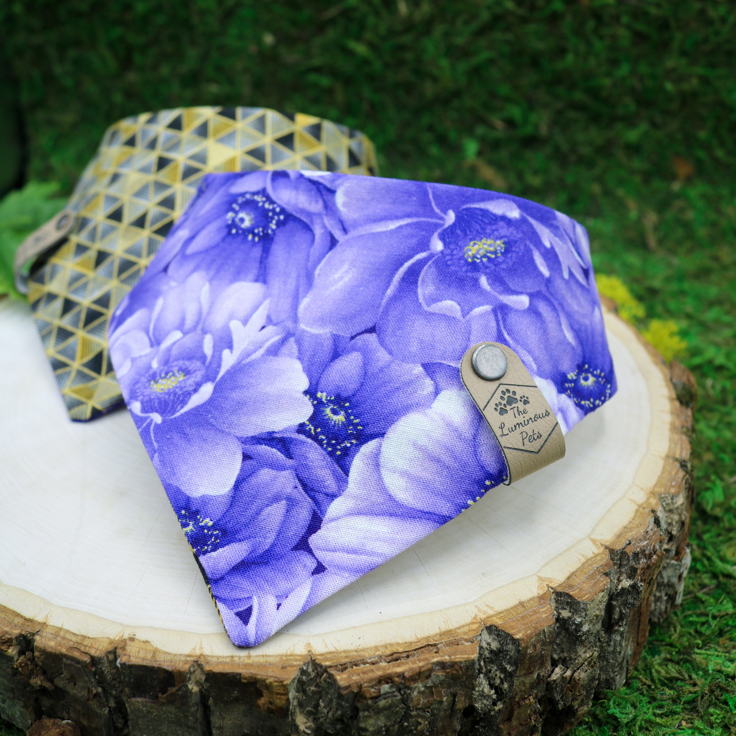 Purple floral | Elegant and sophisticated snap on pet bandanas for cats and dogs | Handmade by The Luminous Pets in Portland, Oregon