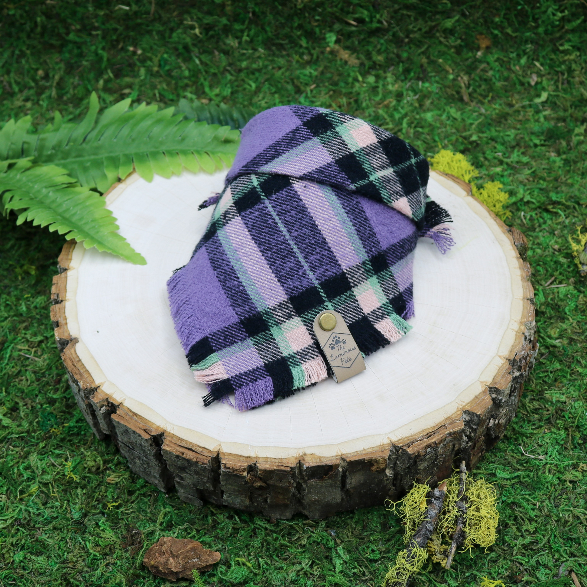 Purple, pink, green and black plaid pet bandana | Snap on bandana for cats and dogs by The Luminous Pets