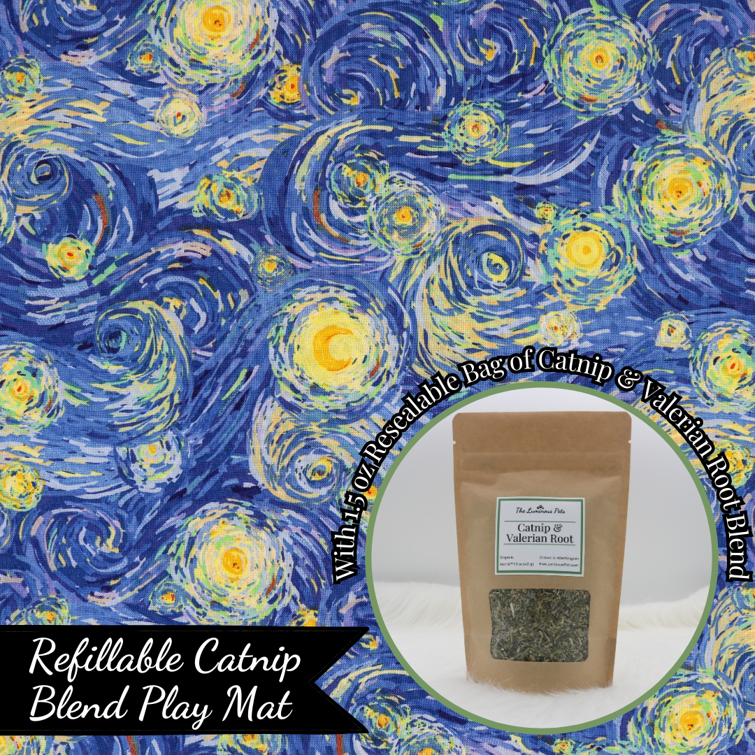 Refillable catnip play mat with resealable bag of catnip and valerian root | Handmade by The Luminous Pets