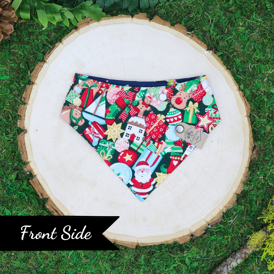 Reversible pet bandanas snap on by The Luminous Pets _ Winter Santa Toy Shop and Scarves