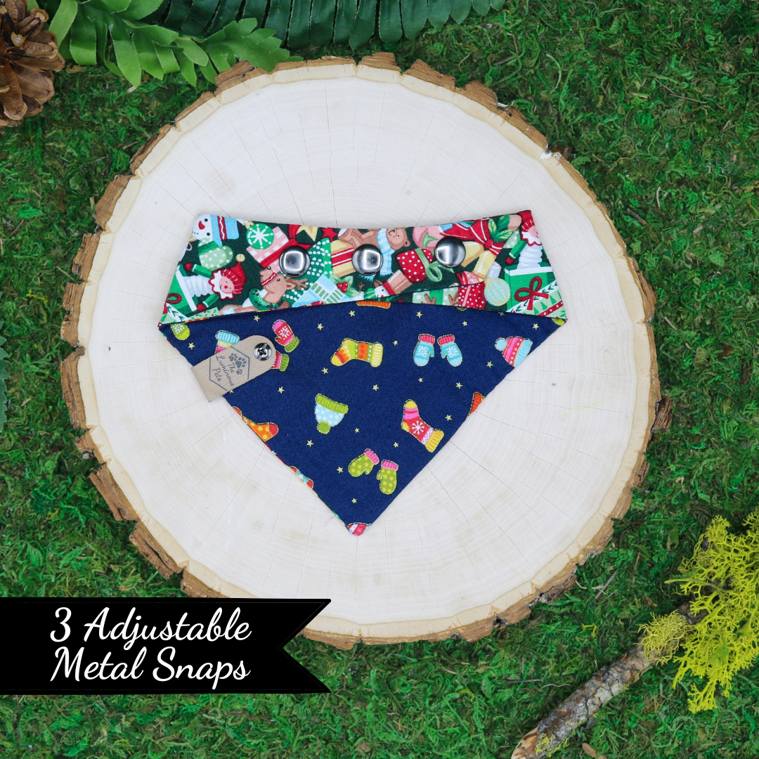 Reversible pet bandanas snap on by The Luminous Pets _ Winter Santa Toy Shop and Scarves