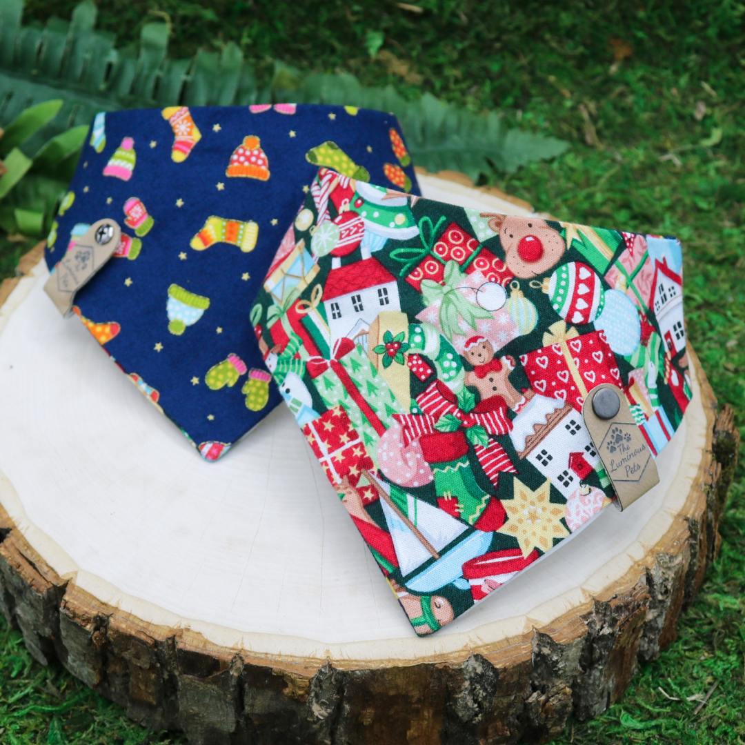 Reversible pet bandanas snap on by The Luminous Pets _ Winter Santa Toy Shop and Scarves