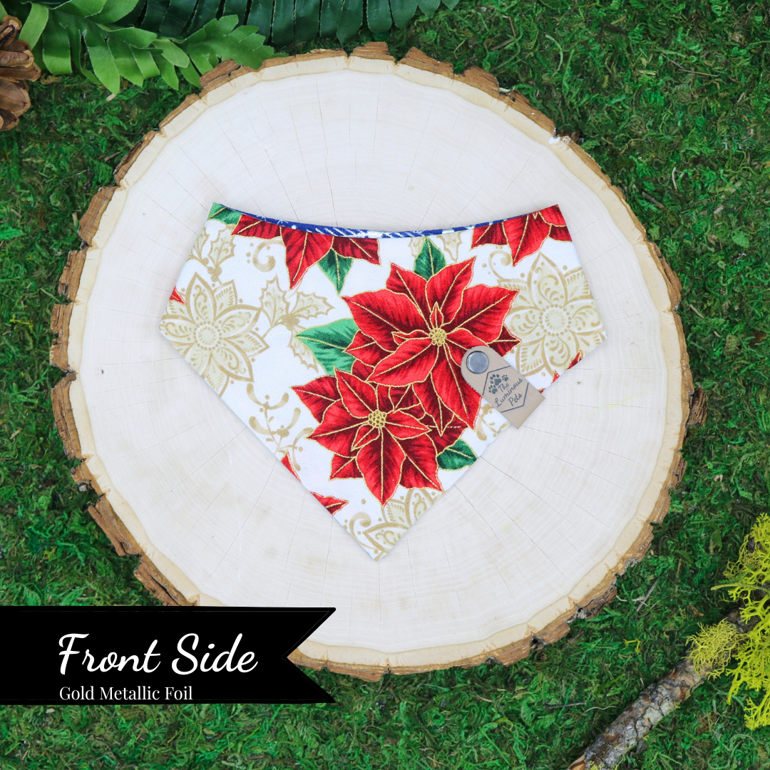 Reversible pet bandana with snap on by The Luminous Pets _ Winter Poinsettias with gold and metallic silver snowflakes