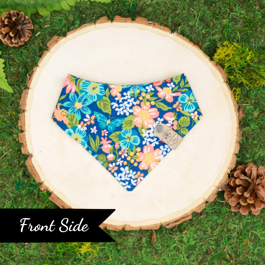 Reversible snap on bandanas for cats and dog_ Handmade pet accessories by The Luminous Pets_ Summer Flowers and Strawberries