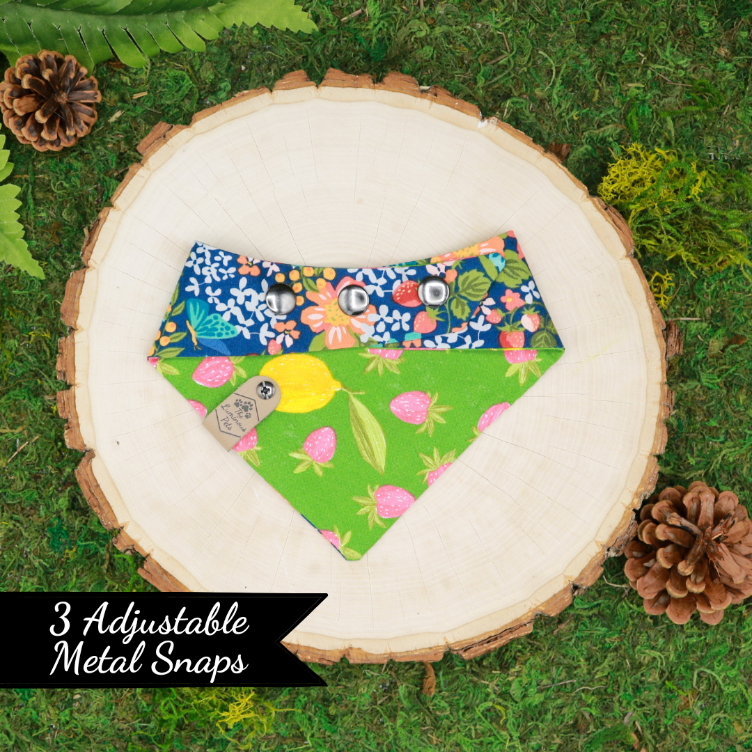 Reversible snap on bandanas for cats and dog_ Handmade pet accessories by The Luminous Pets_ Summer Flowers and Strawberries