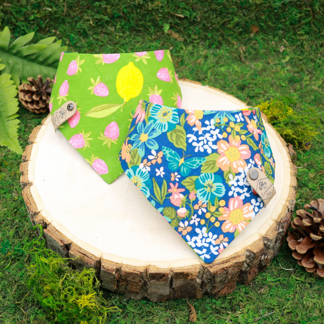 Reversible snap on bandanas for cats and dog_ Handmade pet accessories by The Luminous Pets_ Summer Flowers and Strawberries