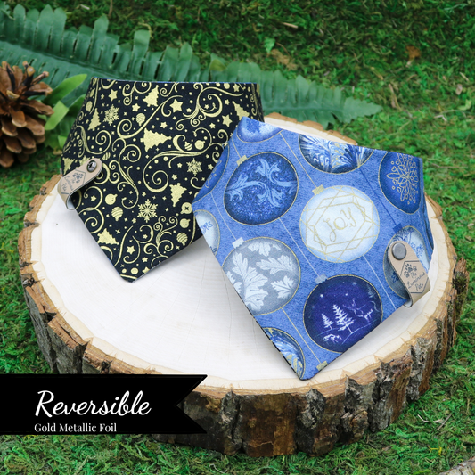 Reversible snap on bandana by The Luminous Pets | Winter Christmas ornaments and gold Christmas icons