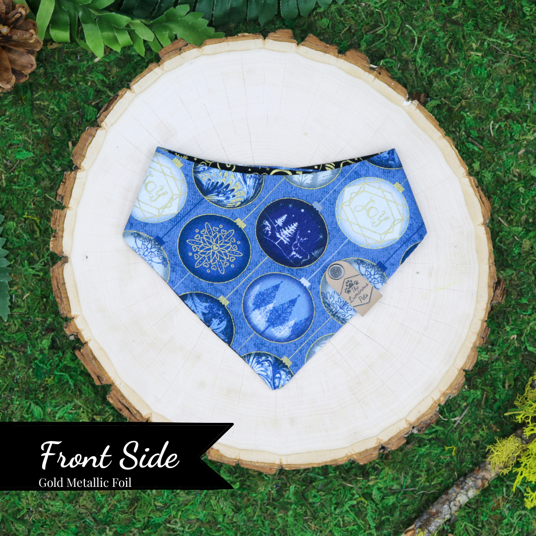 Reversible snap on bandana by The Luminous Pets | Winter Christmas ornaments and gold Christmas icons