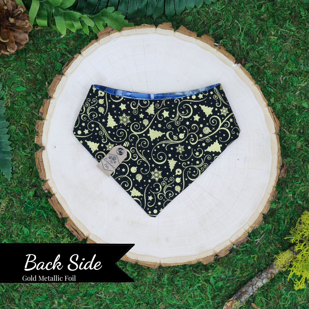 Reversible snap on bandana by The Luminous Pets | Winter Christmas ornaments and gold Christmas icons