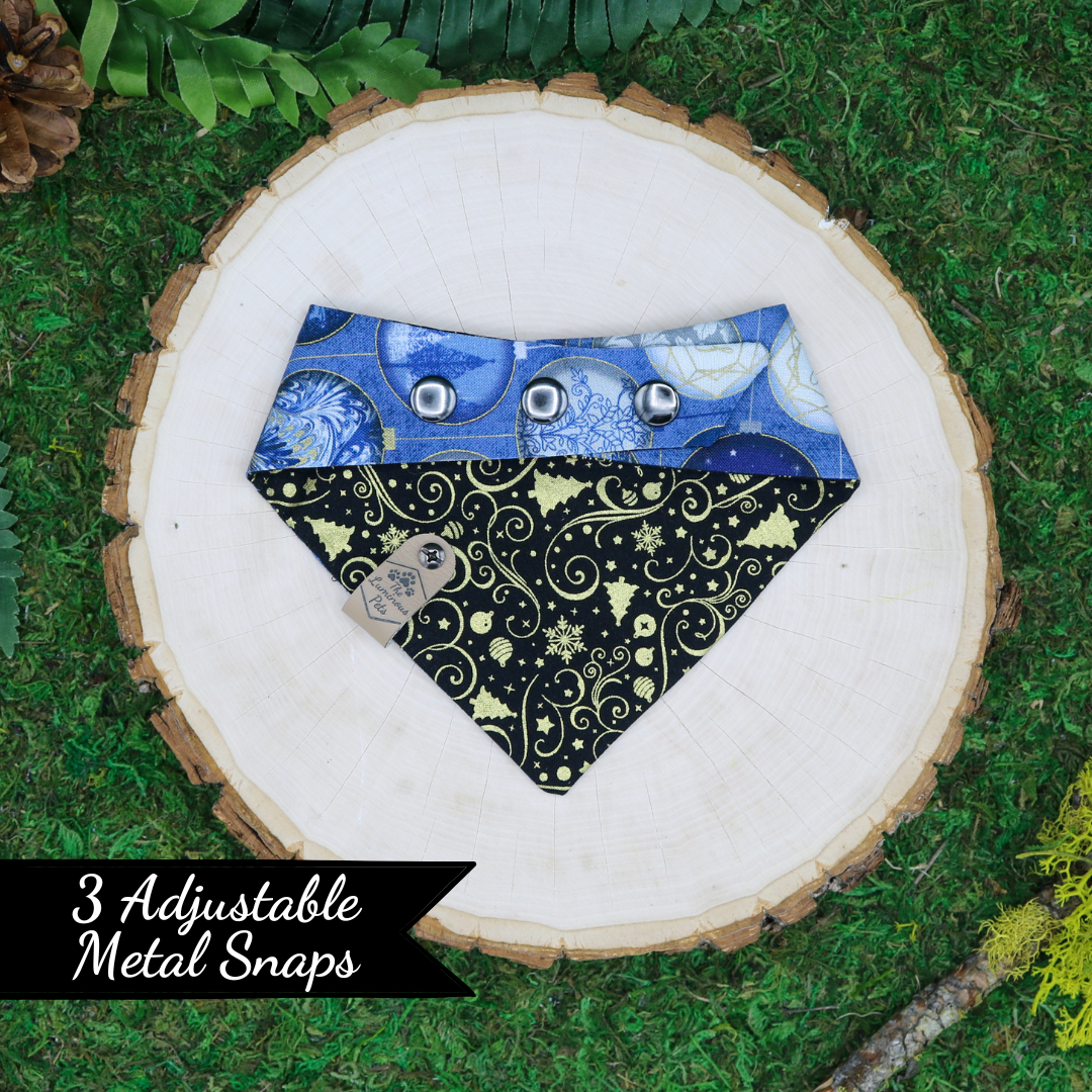 Reversible snap on bandana by The Luminous Pets | Winter Christmas ornaments and gold Christmas icons