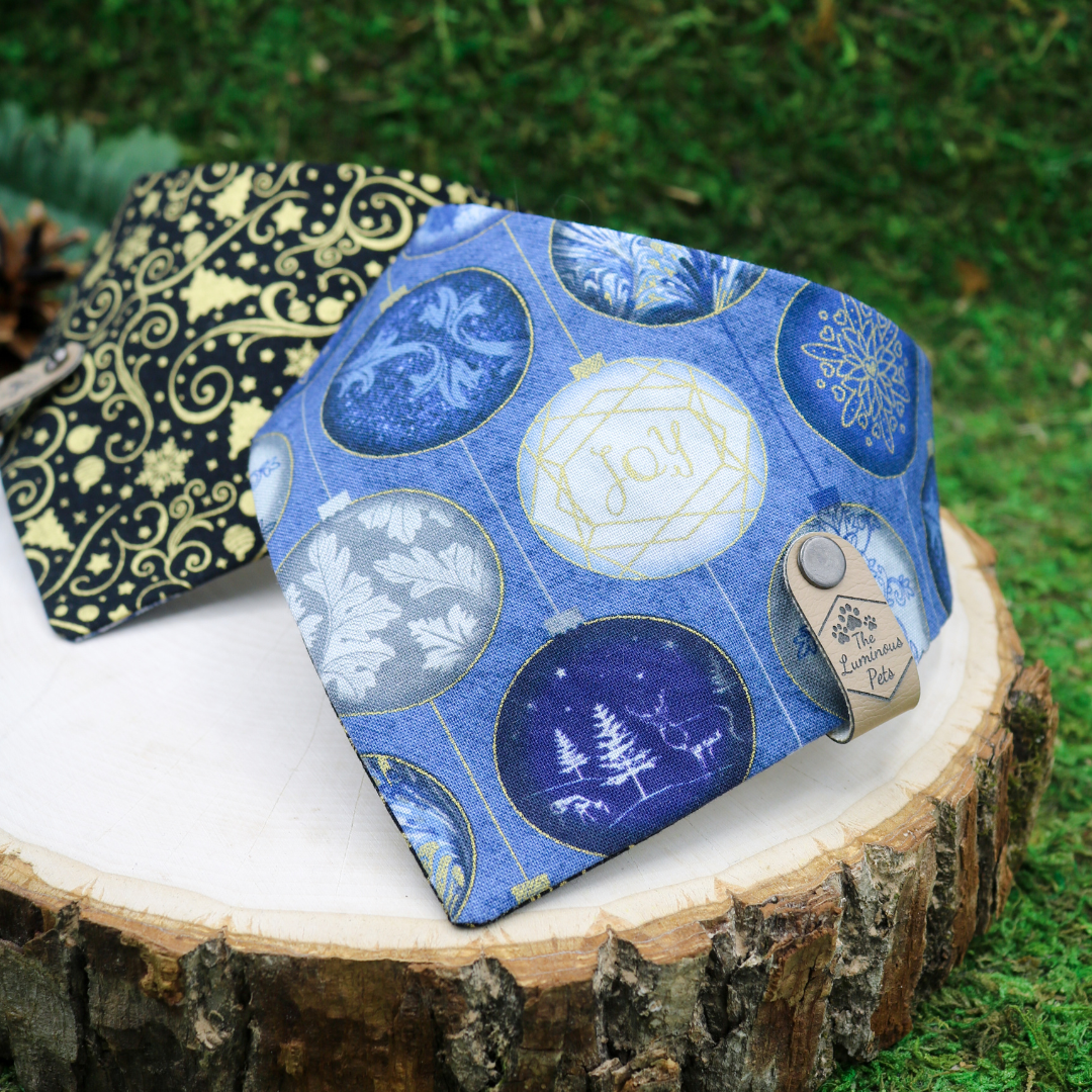 Reversible snap on bandana by The Luminous Pets | Winter Christmas ornaments and gold Christmas icons