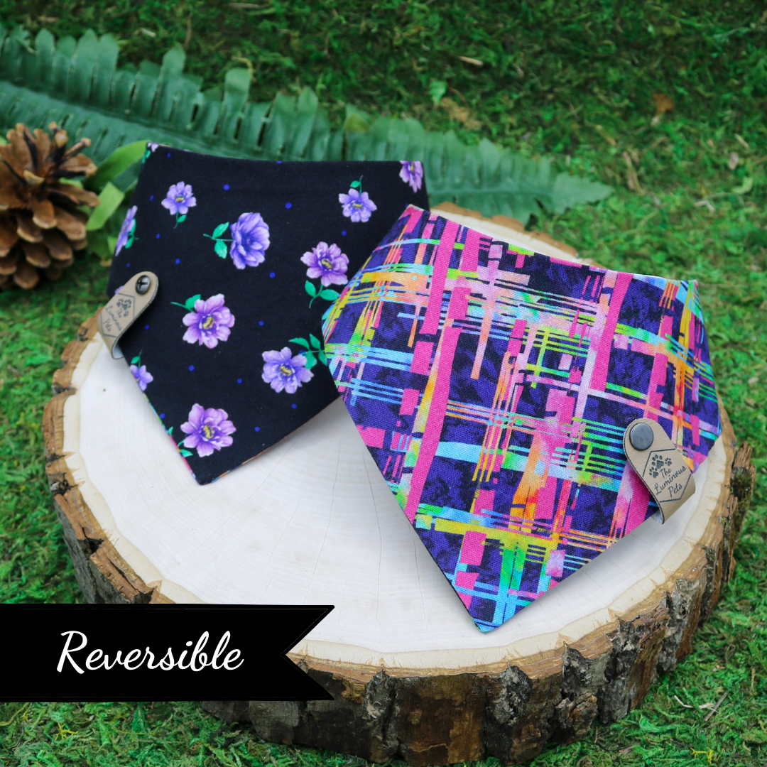 Reversible purple abstract snap on bandana by The Luminous Pets
