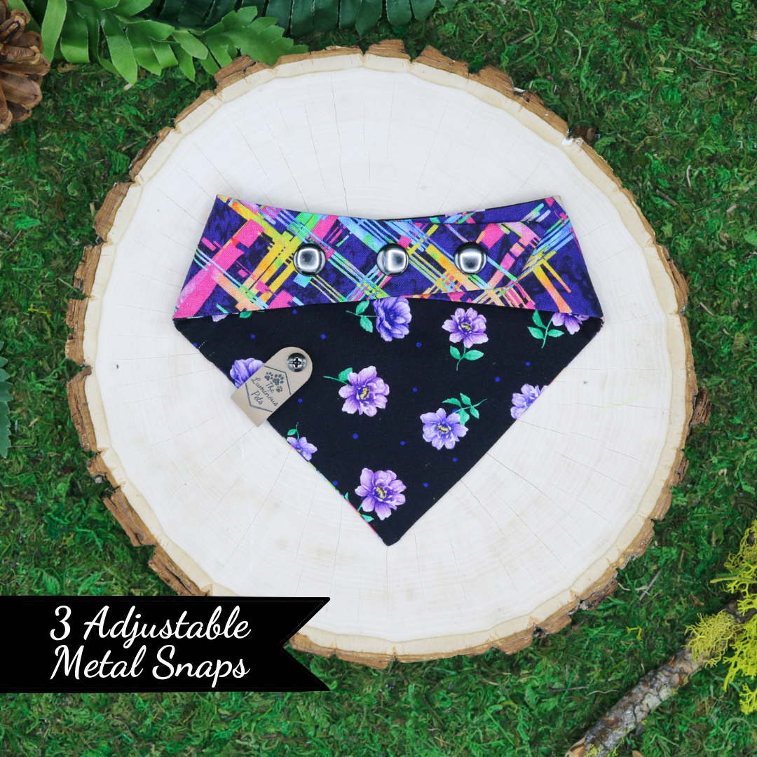 Reversible purple abstract snap on bandana by The Luminous Pets