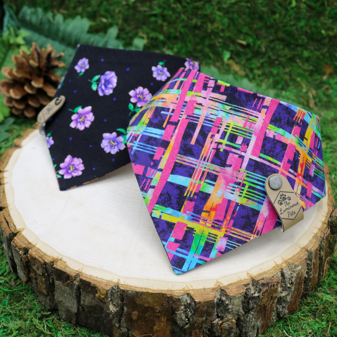 Reversible purple abstract snap on bandana by The Luminous Pets