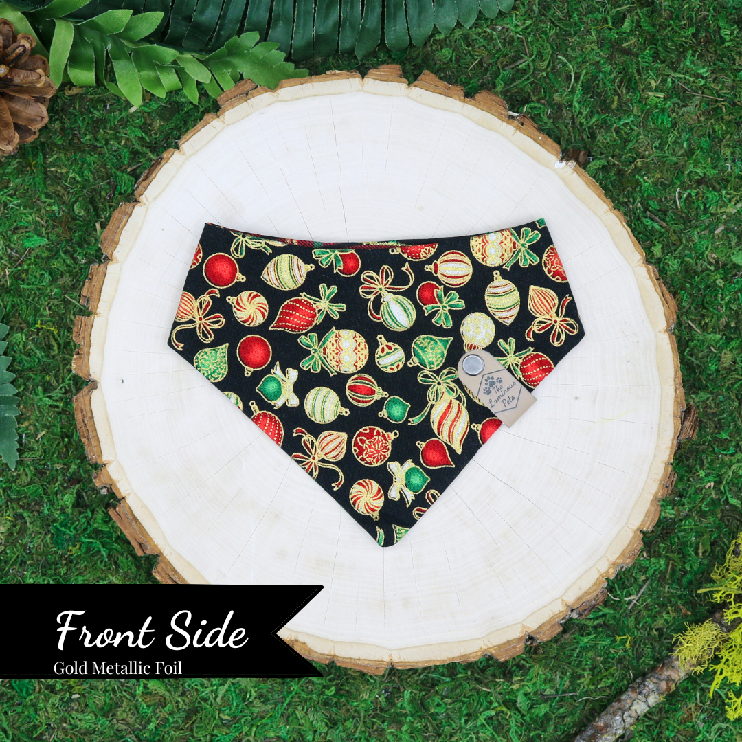 Reversible snap on pet bandanas by The Luminous Pets _ Christmas Ornaments and plaid on black
