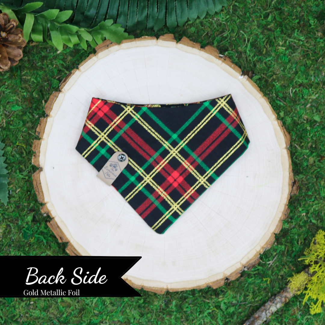 Reversible snap on pet bandanas by The Luminous Pets _ Christmas Ornaments and plaid on black