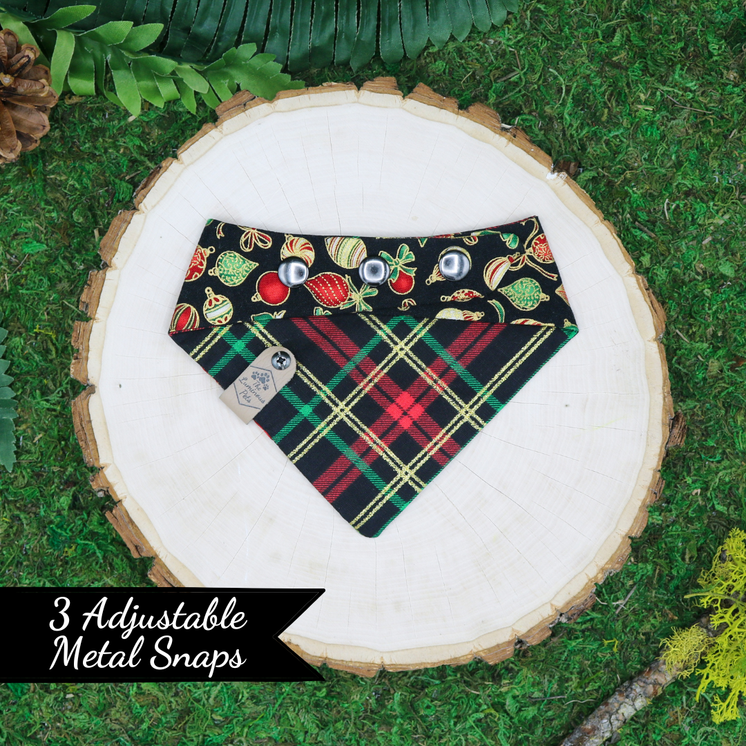 Reversible snap on pet bandanas by The Luminous Pets _ Christmas Ornaments and plaid on black