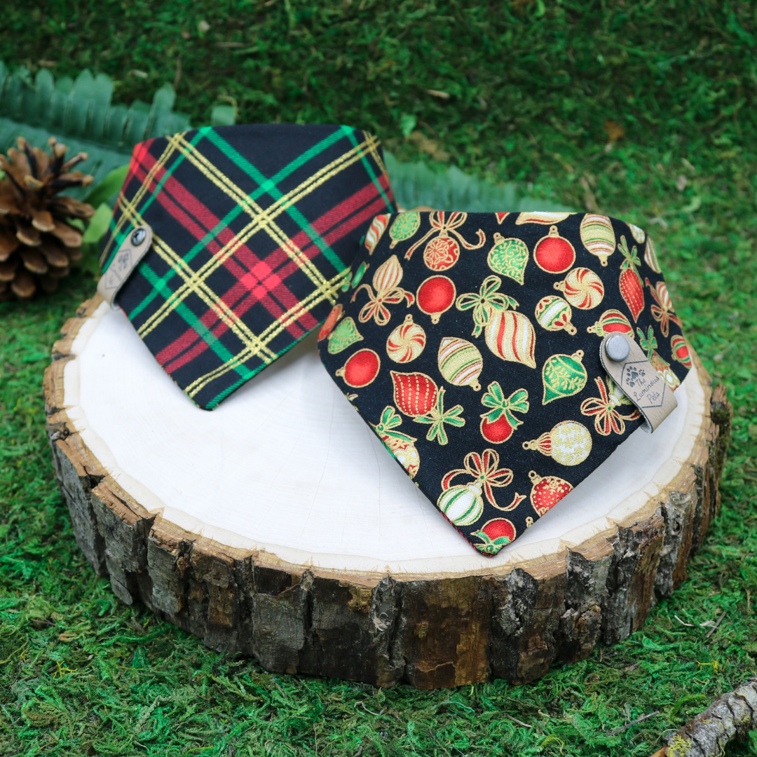 Reversible snap on pet bandanas by The Luminous Pets _ Christmas Ornaments and plaid on black