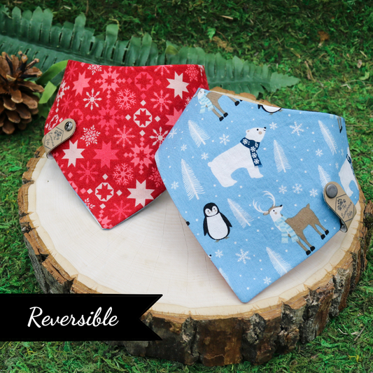 Reversible snap on pet bandana by The Luminous Pets _ Winter Wonderland Animals and Snowflakes