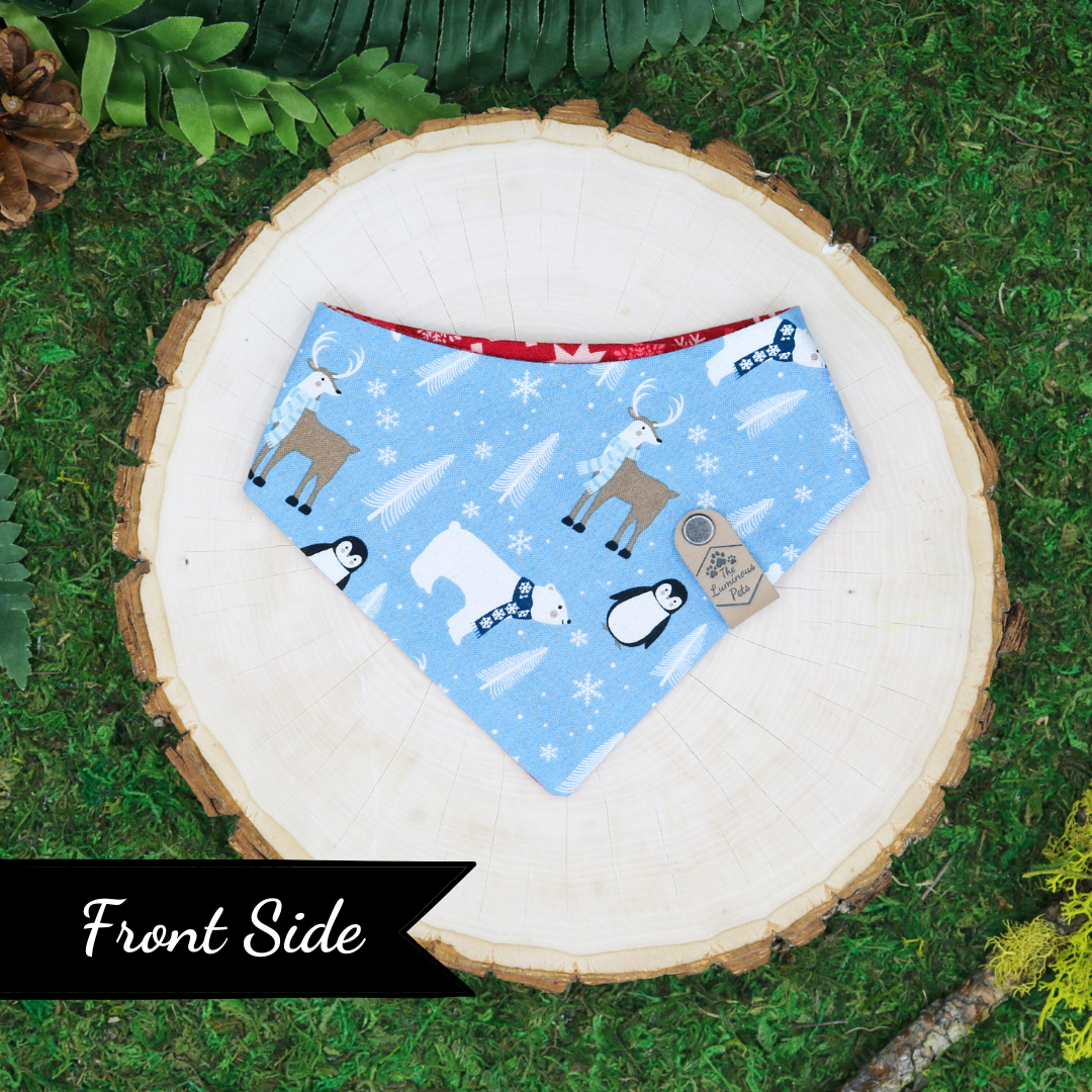 Reversible snap on pet bandana by The Luminous Pets _ Winter Wonderland Animals and Snowflakes