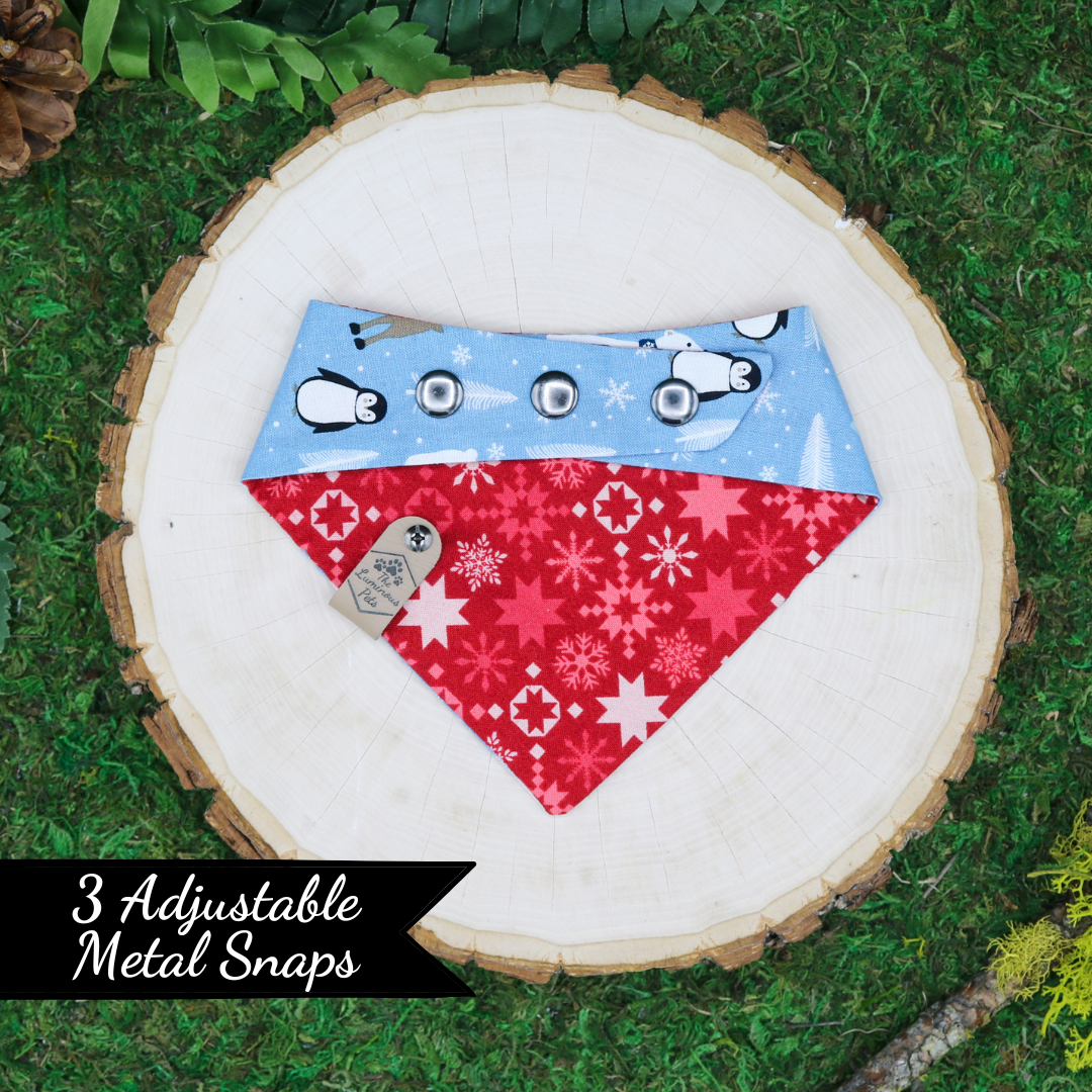 Reversible snap on pet bandana by The Luminous Pets _ Winter Wonderland Animals and Snowflakes