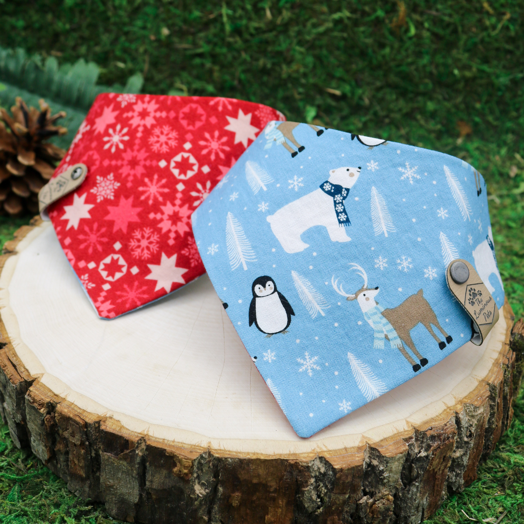 Reversible snap on pet bandana by The Luminous Pets _ Winter Wonderland Animals and Snowflakes