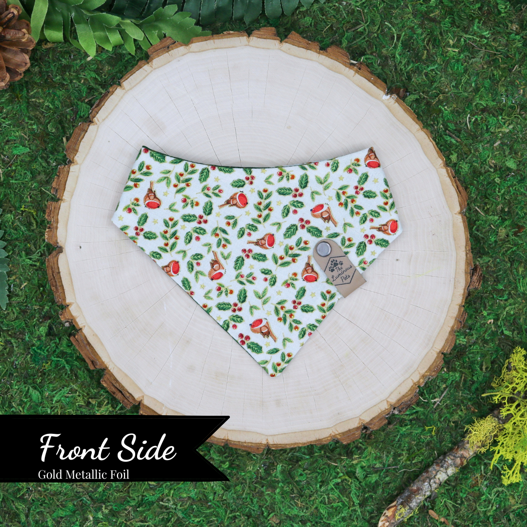 Reversible snap on bandanas by The Luminous Pets _ Winter birds with holly