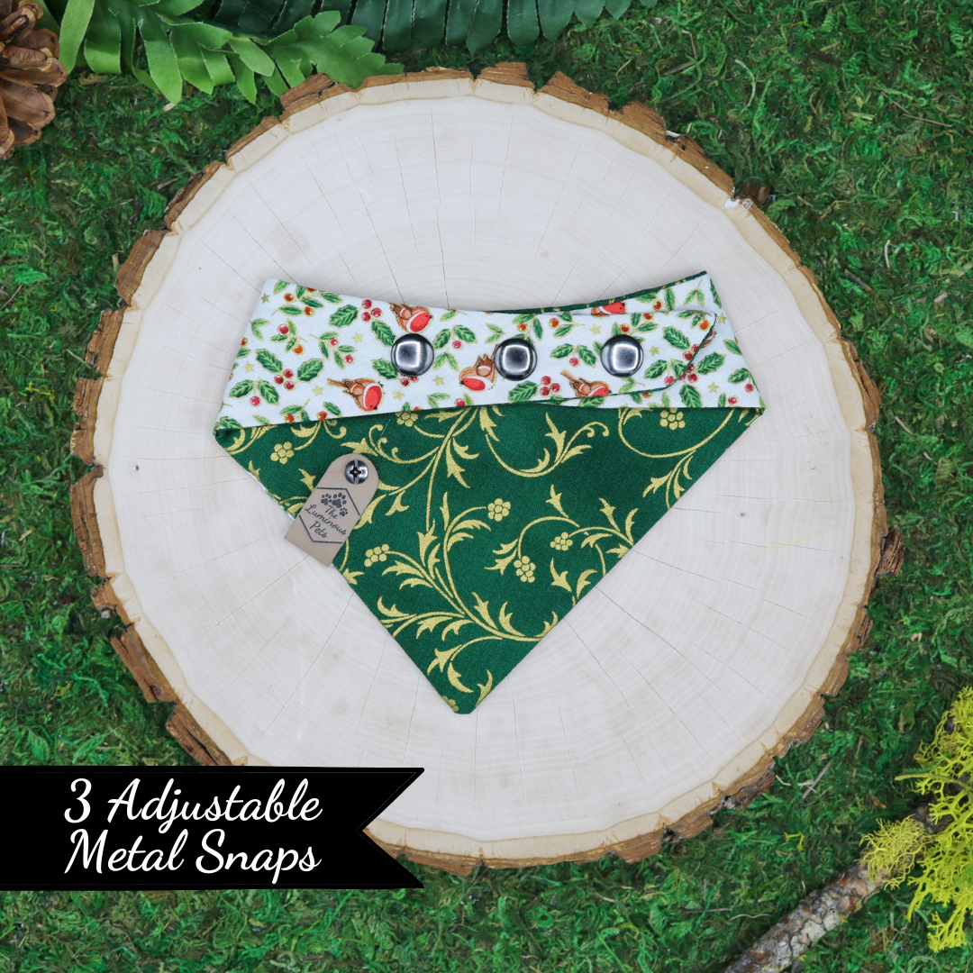 Reversible snap on bandanas by The Luminous Pets _ Winter birds with holly