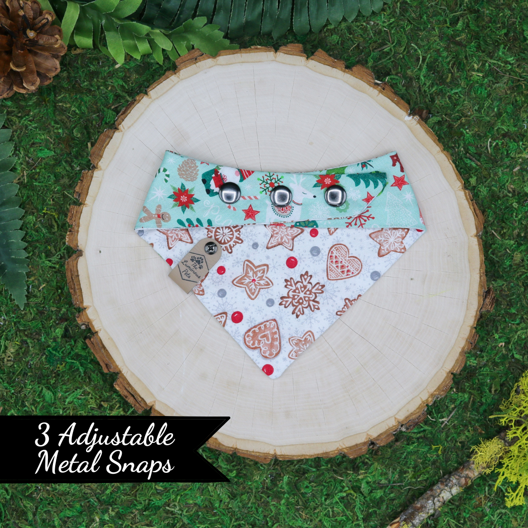 Reversible snap on pet bandanas for cats and dogs by The Luminous Pets _ Christmas Gnomes and Gingerbread Cookies
