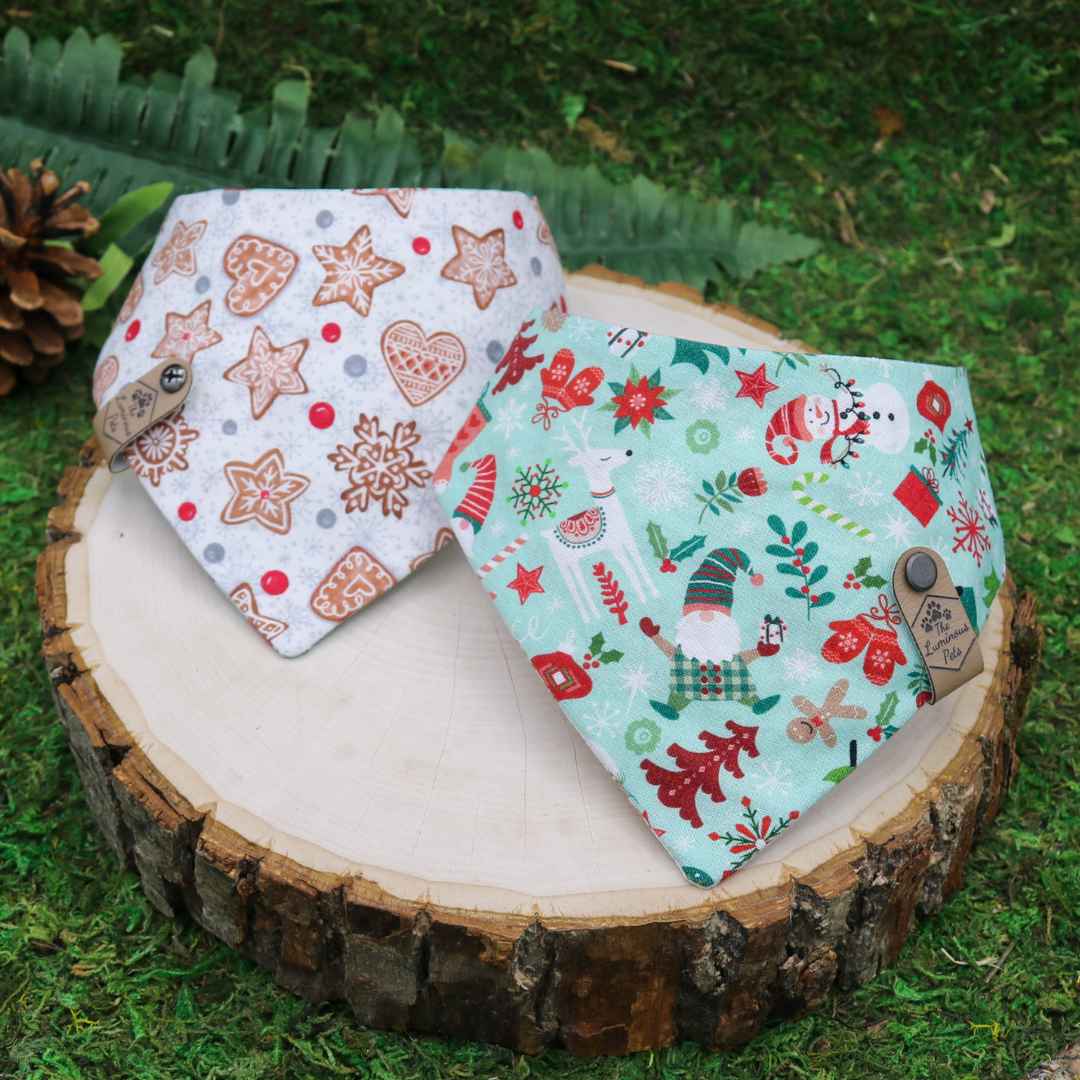 Reversible snap on pet bandanas for cats and dogs by The Luminous Pets _ Christmas Gnomes and Gingerbread Cookies