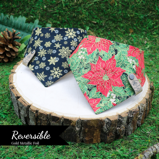 Reversible snap on pet bandanas by The Luminous Pets _ winter poinsettias and golden snowflakes